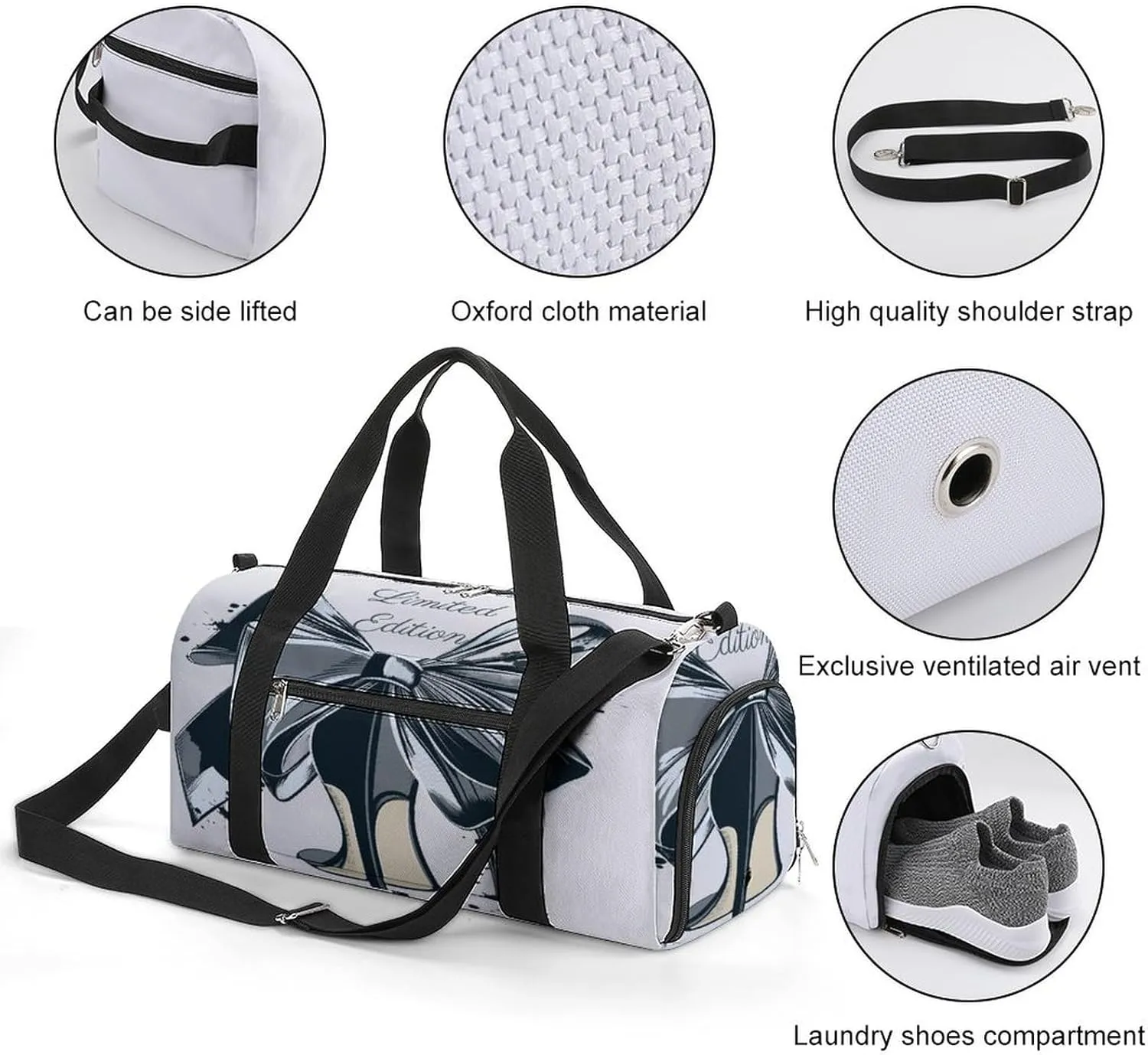 Fashion High Heel Shoe Bow Duffel Bag for Men Women with Shoe Compartment Waterproof Gym Travel