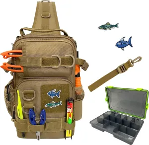 Fishing Tackle Sling Bag with Tackle Tray DIY Logos Outdoor Shoulder Pack Sling Tackle Storage Bag Fishing Bag with Box Included for Fishing, Hiking, Hunting (Khaki)