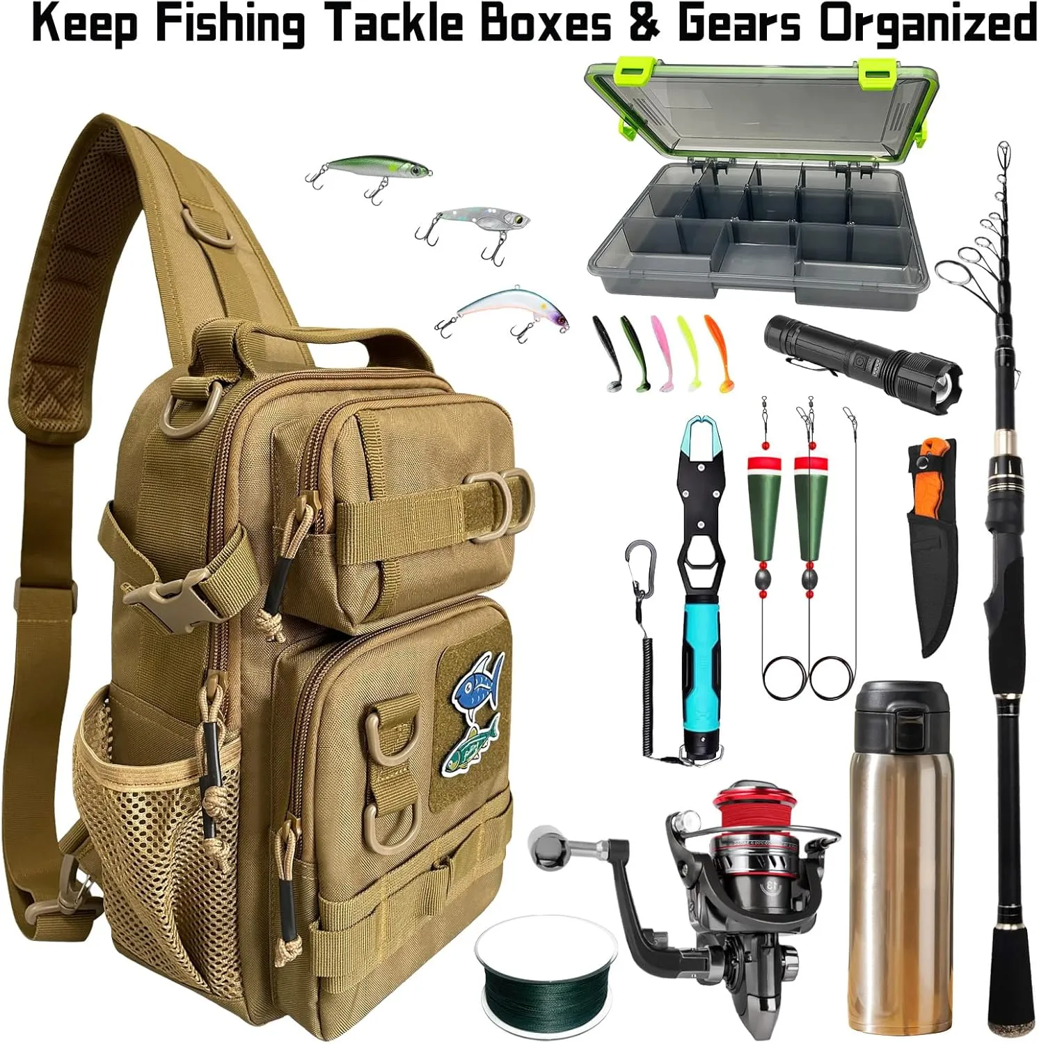 Fishing Tackle Sling Bag with Tackle Tray DIY Logos Outdoor Shoulder Pack Sling Tackle Storage Bag Fishing Bag with Box Included for Fishing, Hiking, Hunting (Khaki)