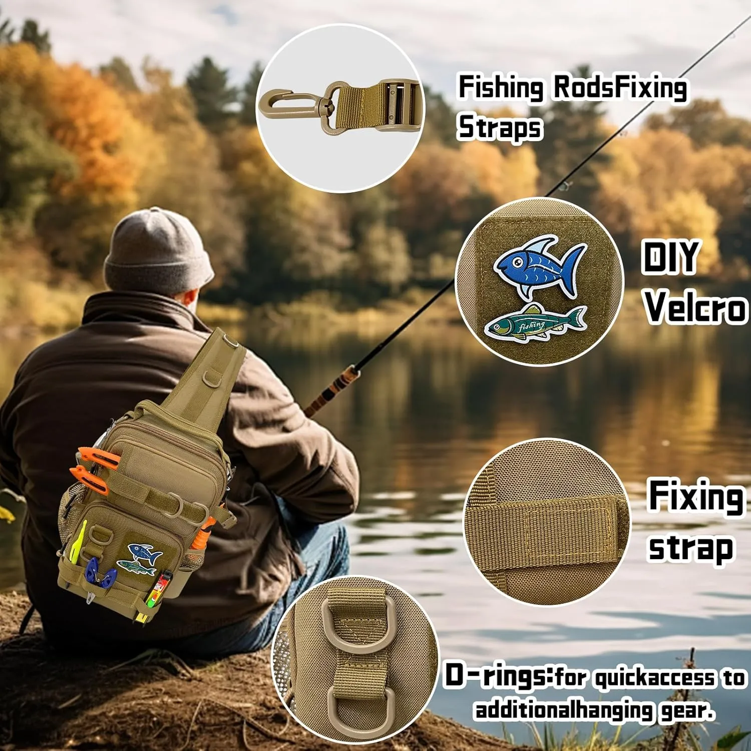Fishing Tackle Sling Bag with Tackle Tray DIY Logos Outdoor Shoulder Pack Sling Tackle Storage Bag Fishing Bag with Box Included for Fishing, Hiking, Hunting (Khaki)
