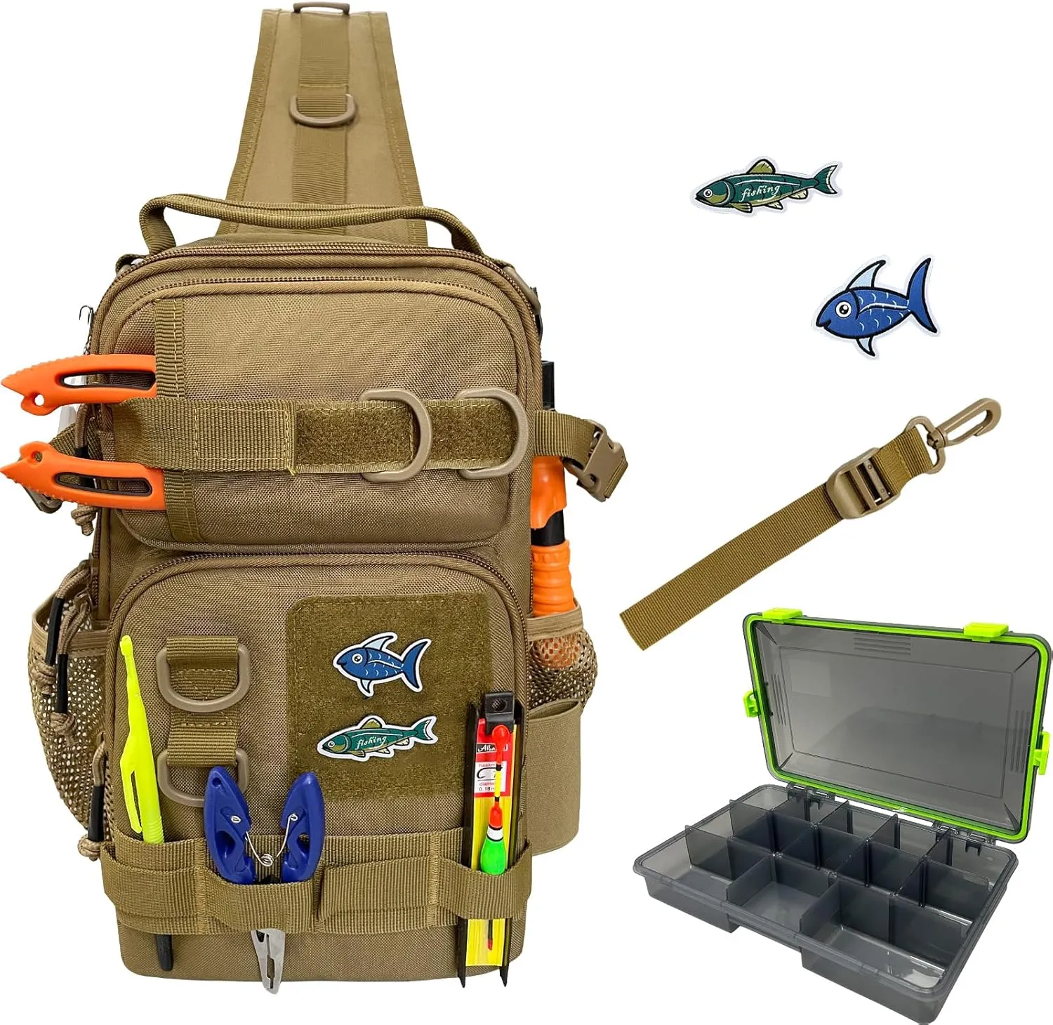 Fishing Tackle Sling Bag with Tackle Tray DIY Logos Outdoor Shoulder Pack Sling Tackle Storage Bag Fishing Bag with Box Included for Fishing, Hiking, Hunting (Khaki)