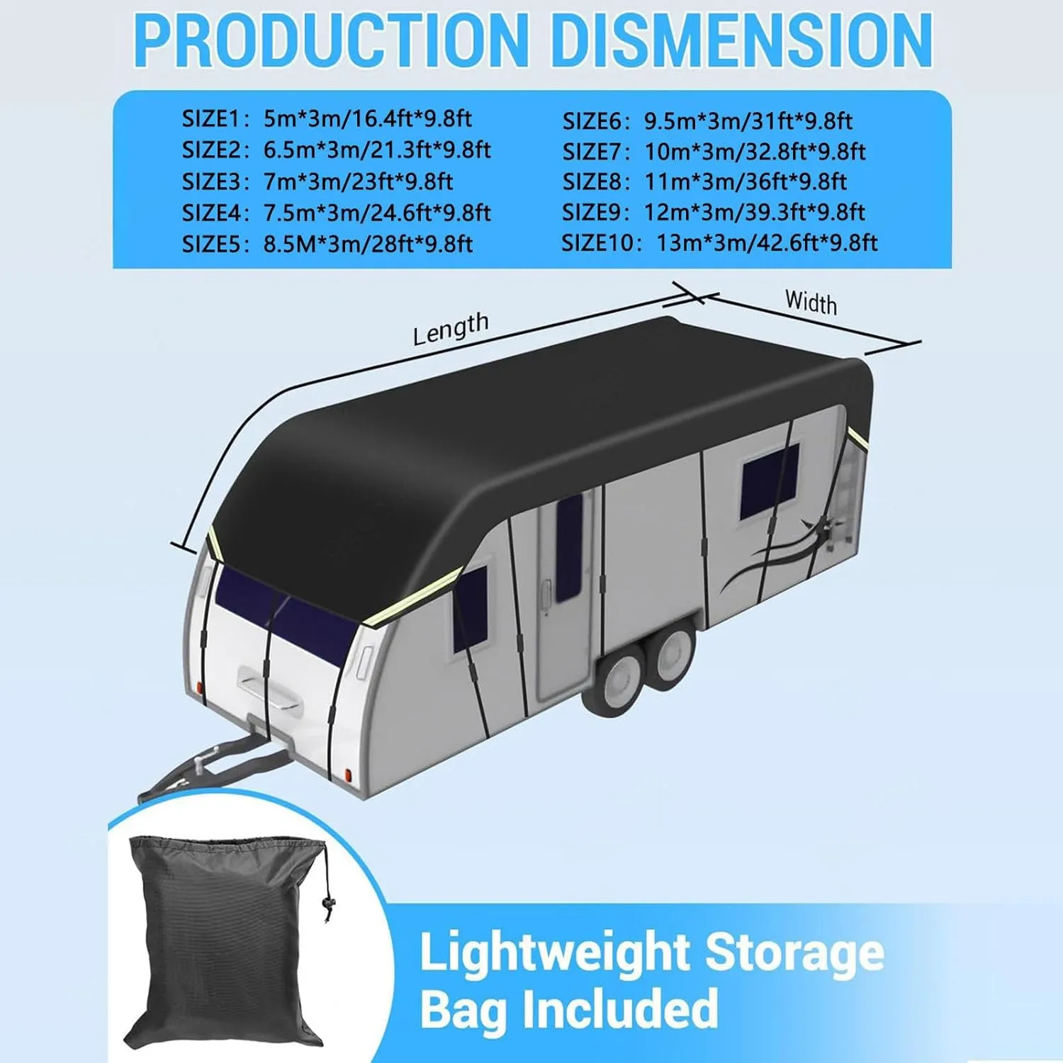 Foldable 210D Oxford Travel Trailer Cover - Easy to Clean, UV Protection, Black - 5m x 3m