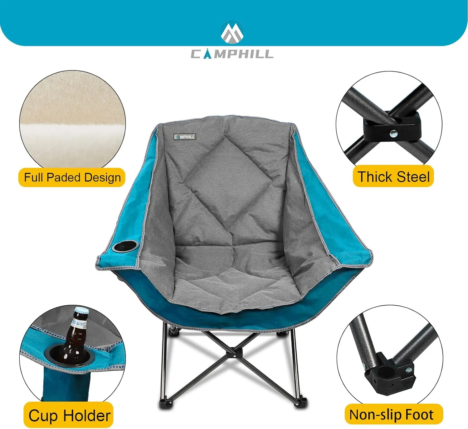 Folding Camping Chair,Oversized Portable Camping Chair with Cup Holder,Heavy Duty Padded Lawn Chair for Camping,Tailgates,Beach,and Sports,Lake Blue