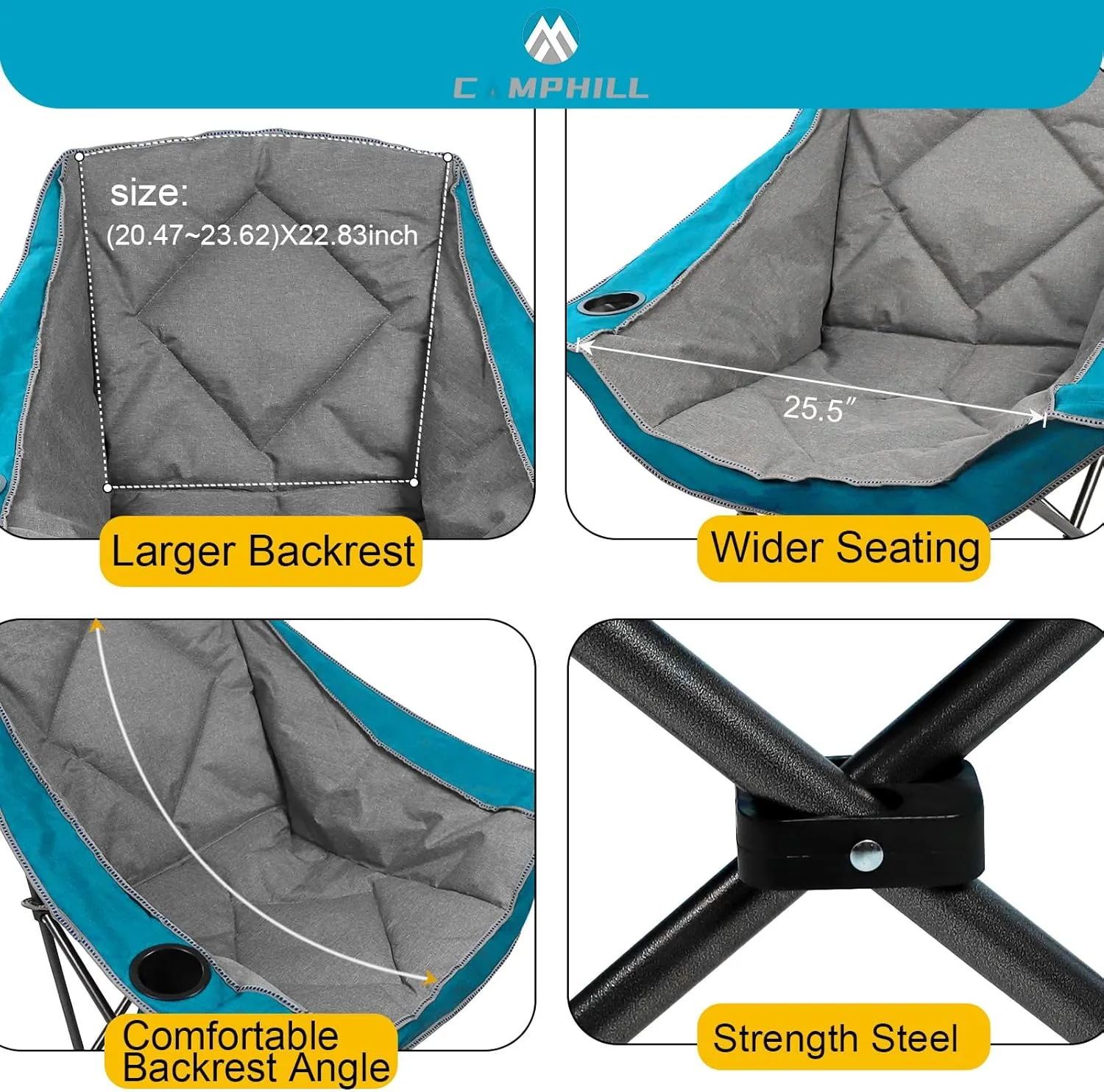 Folding Camping Chair,Oversized Portable Camping Chair with Cup Holder,Heavy Duty Padded Lawn Chair for Camping,Tailgates,Beach,and Sports,Lake Blue