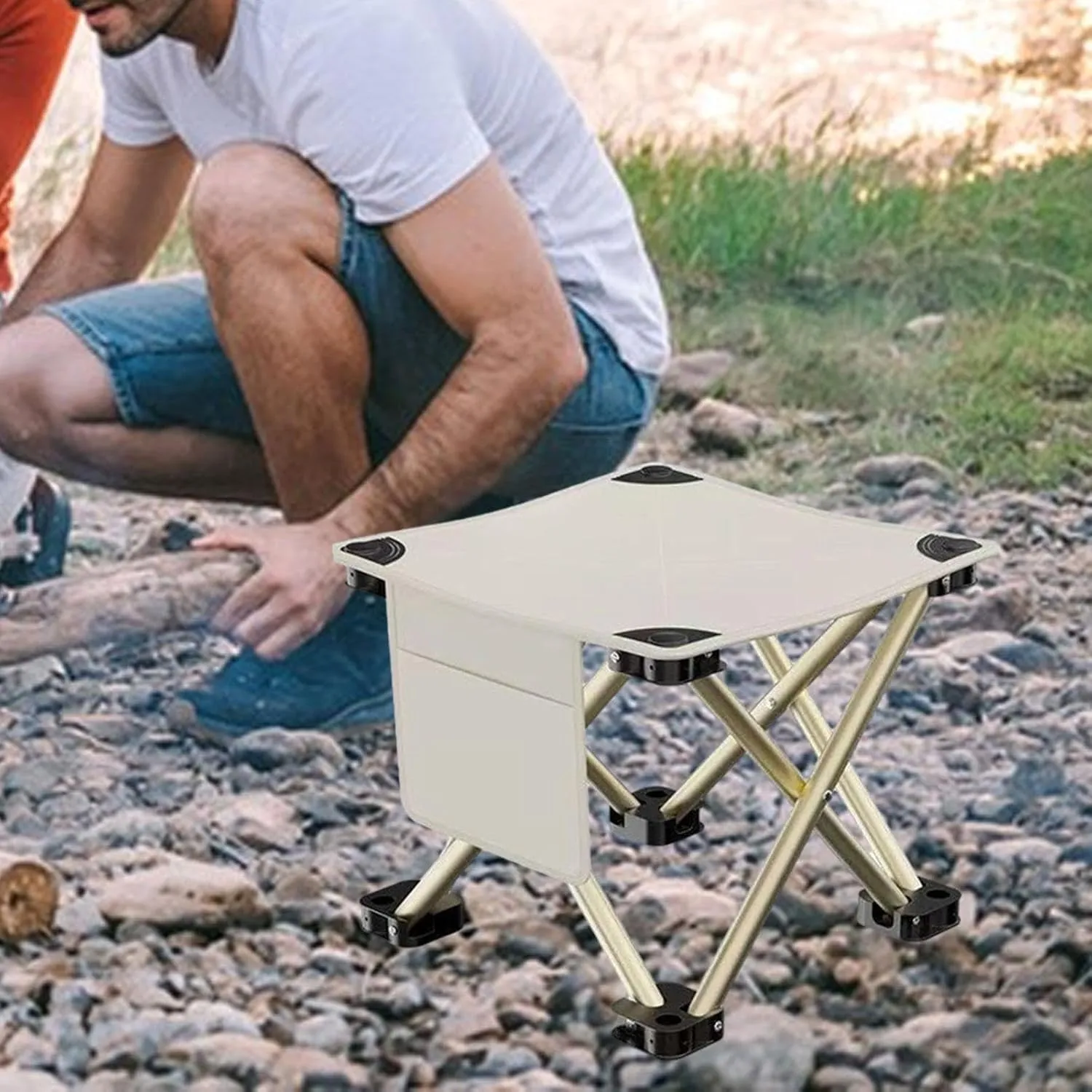 Folding Camping Stool Footstool Multipurpose Sturdy Portable Mini Foldable Chair for Outdoor Barbecue Beach Travel Hiking, White, 33cmx33cmx32cm