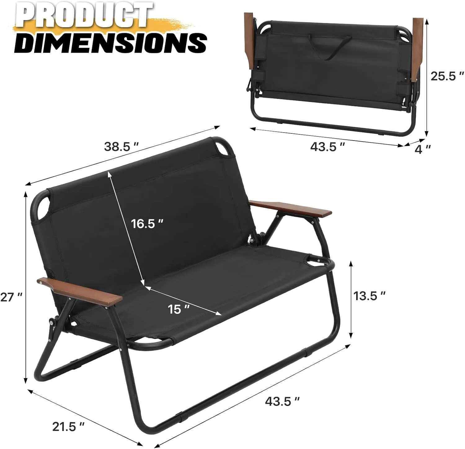 Folding Double Camping Chair 2 Person Loveseat Outdoor Portable Camp Dining Seat (Black)