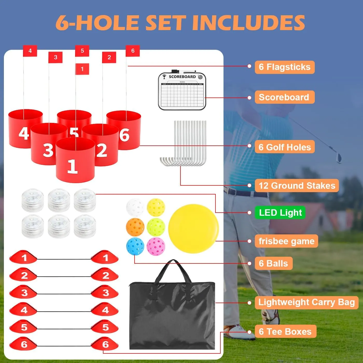 FOOING Golf Game, Golf Yard Games with LED Light, Portable 6 Hole Set Golf Simulators for Home Adults Kids Lawn, Beach, Yard, Camping
