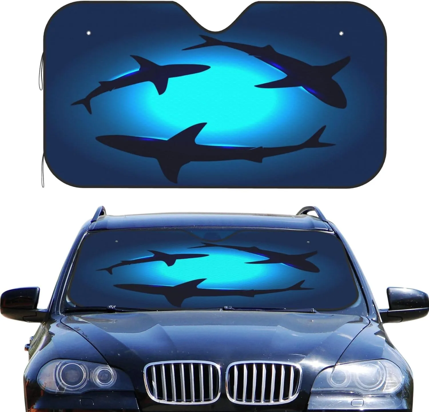 Foruidea Peaceful Floating Swimming Sharks Under The Blue Ocean Sea Car Windshield Sun Shade Auto Sunshade for Car Truck SUV-Blocks Rays Sun Visor Protector-Keeps Your Vehicle Cool (51.2 X 27.5 Inch)