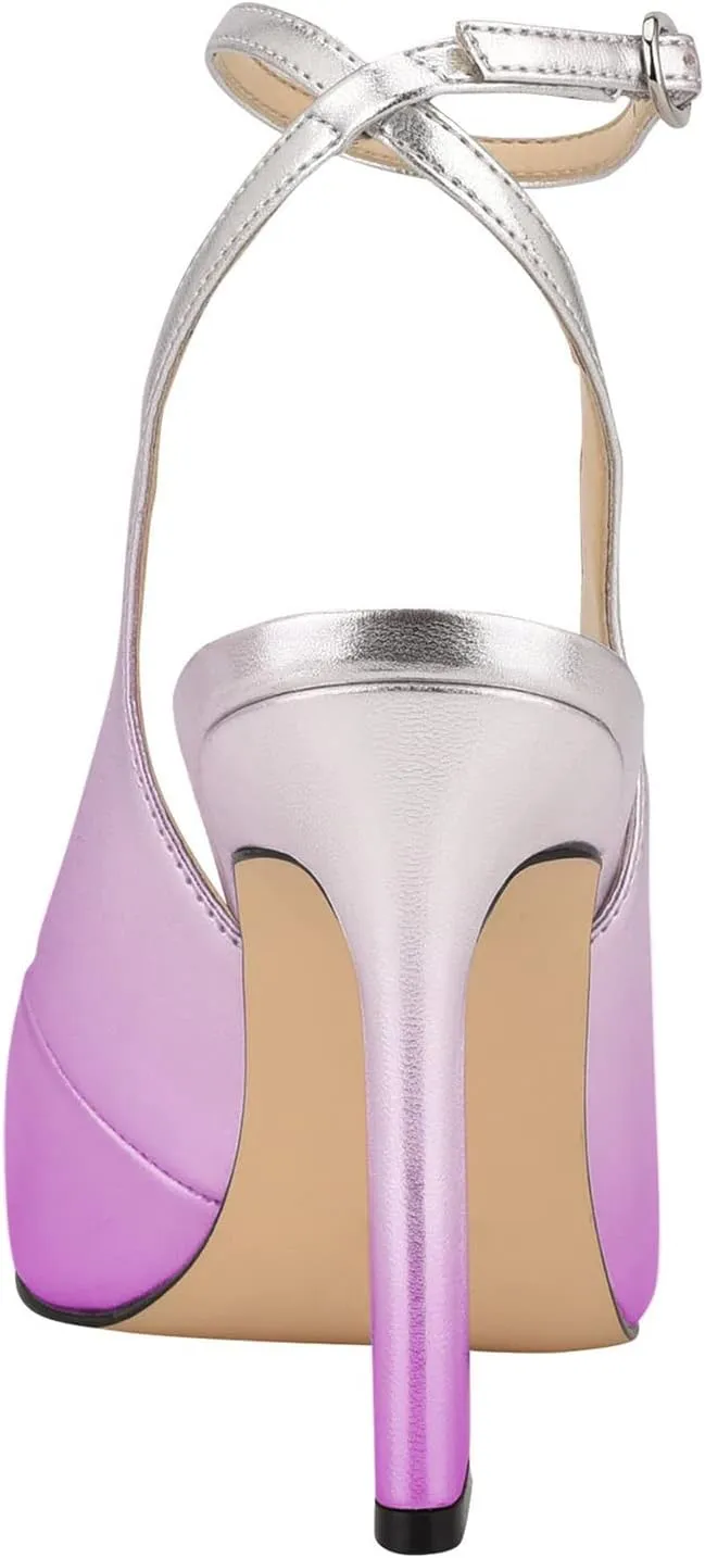 FOWT Women’s Ankle Buckle Straps Slingback Pumps High Stiletto Heels Gradient Color Pump for Girls Pointed Toe Sandals of Satin Office Dress Female Shoes 4-16 US
