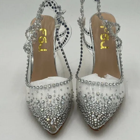 FSJ Silver Crystal Block High Heel Clear Pump Pointed Toe Fashion Dress Shoes