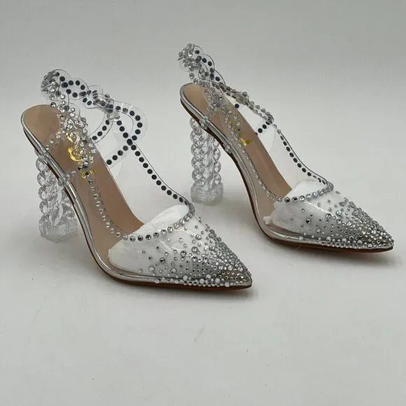 FSJ Silver Crystal Block High Heel Clear Pump Pointed Toe Fashion Dress Shoes