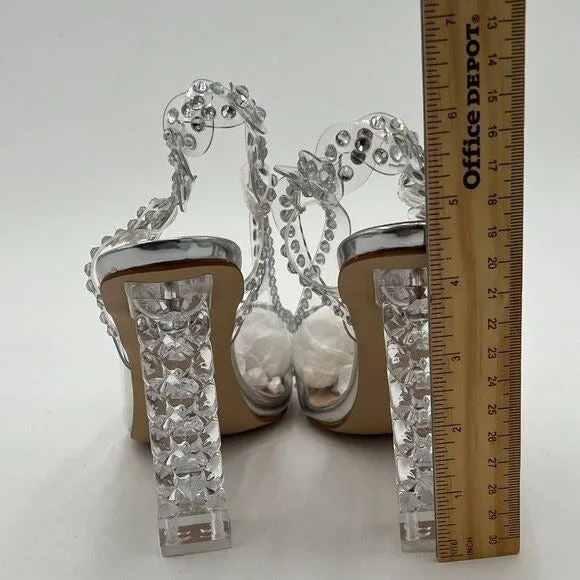 FSJ Silver Crystal Block High Heel Clear Pump Pointed Toe Fashion Dress Shoes