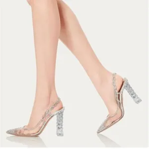 FSJ Silver Crystal Block High Heel Clear Pump Pointed Toe Fashion Dress Shoes