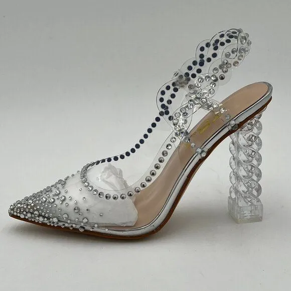 FSJ Silver Crystal Block High Heel Clear Pump Pointed Toe Fashion Dress Shoes