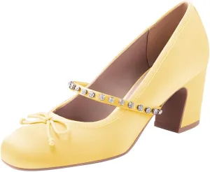 FSJ Women Cute Bowknot Mary Jane Pumps Round Toe Rhinestone Strap Satin Chunky Mid Heels Wedding Evening Dress Shoes Size 4-16 US