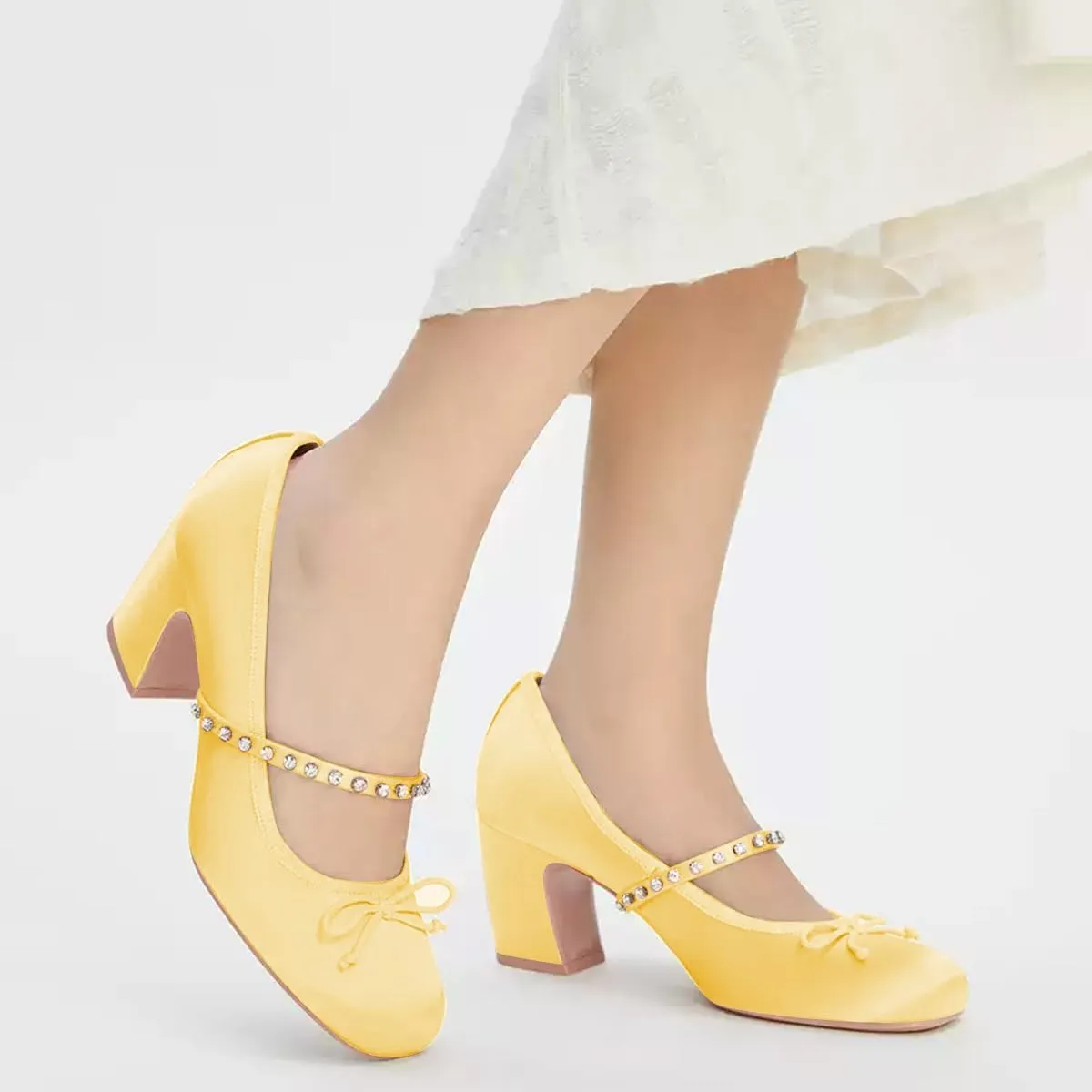 FSJ Women Cute Bowknot Mary Jane Pumps Round Toe Rhinestone Strap Satin Chunky Mid Heels Wedding Evening Dress Shoes Size 4-16 US