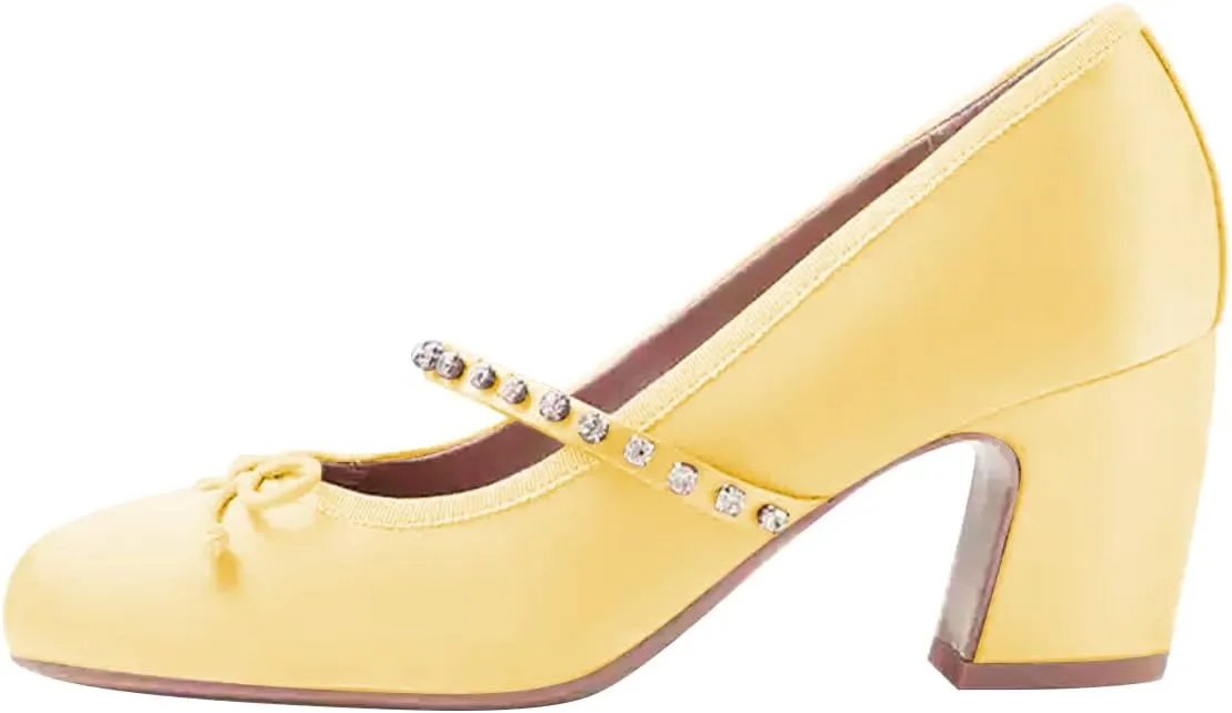FSJ Women Cute Bowknot Mary Jane Pumps Round Toe Rhinestone Strap Satin Chunky Mid Heels Wedding Evening Dress Shoes Size 4-16 US