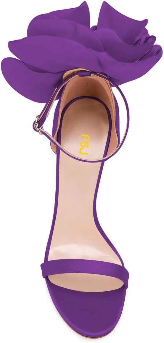 FSJ Women Open Toe Crystal Block Heels Sandals with Flower Bloom Back Ankle Strap Buckle Silk Satin Chunky Thick High Heels Wedding Party Pump Shoes Size 4-16 US