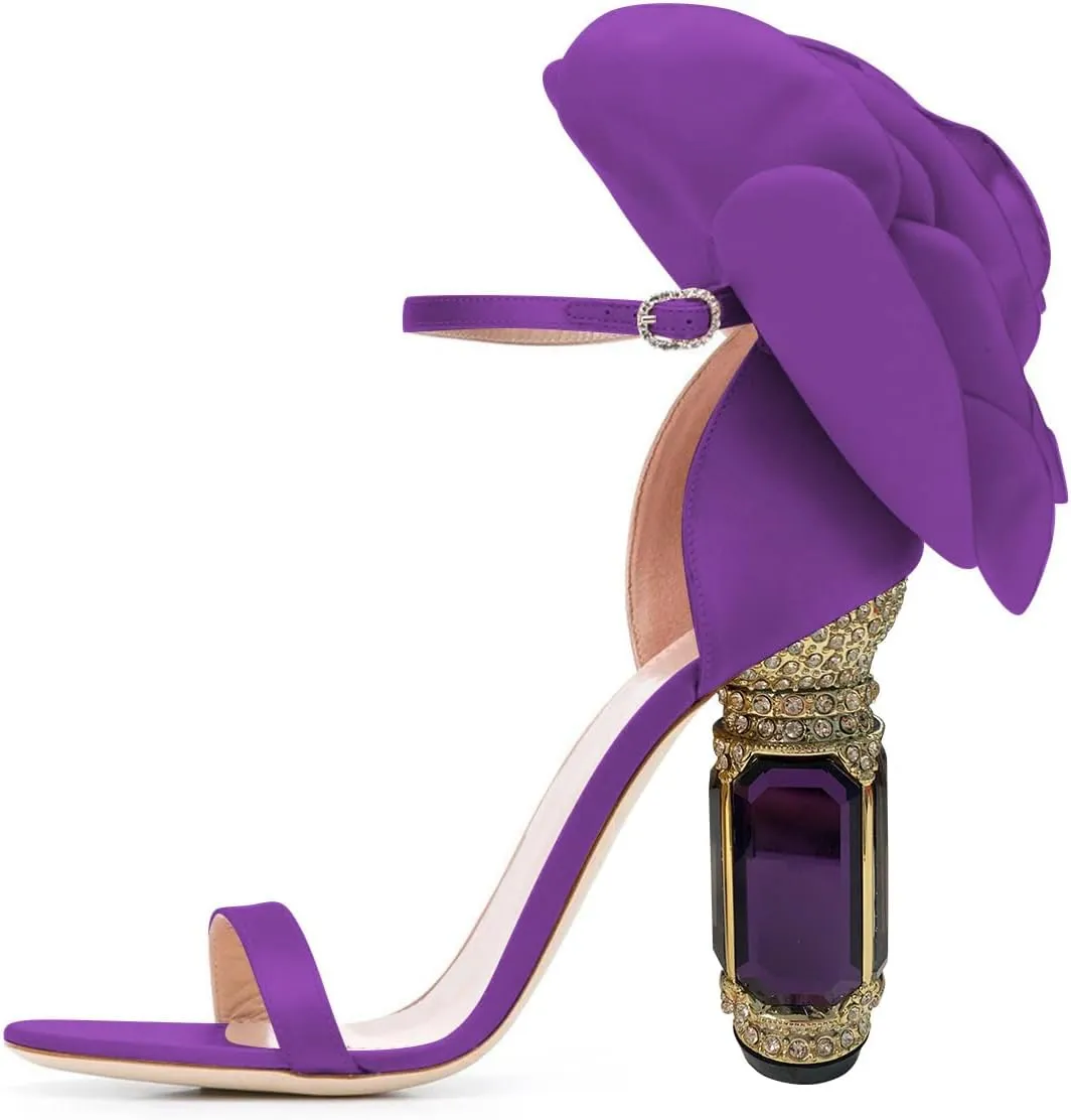FSJ Women Open Toe Crystal Block Heels Sandals with Flower Bloom Back Ankle Strap Buckle Silk Satin Chunky Thick High Heels Wedding Party Pump Shoes Size 4-16 US