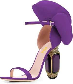 FSJ Women Open Toe Crystal Block Heels Sandals with Flower Bloom Back Ankle Strap Buckle Silk Satin Chunky Thick High Heels Wedding Party Pump Shoes Size 4-16 US