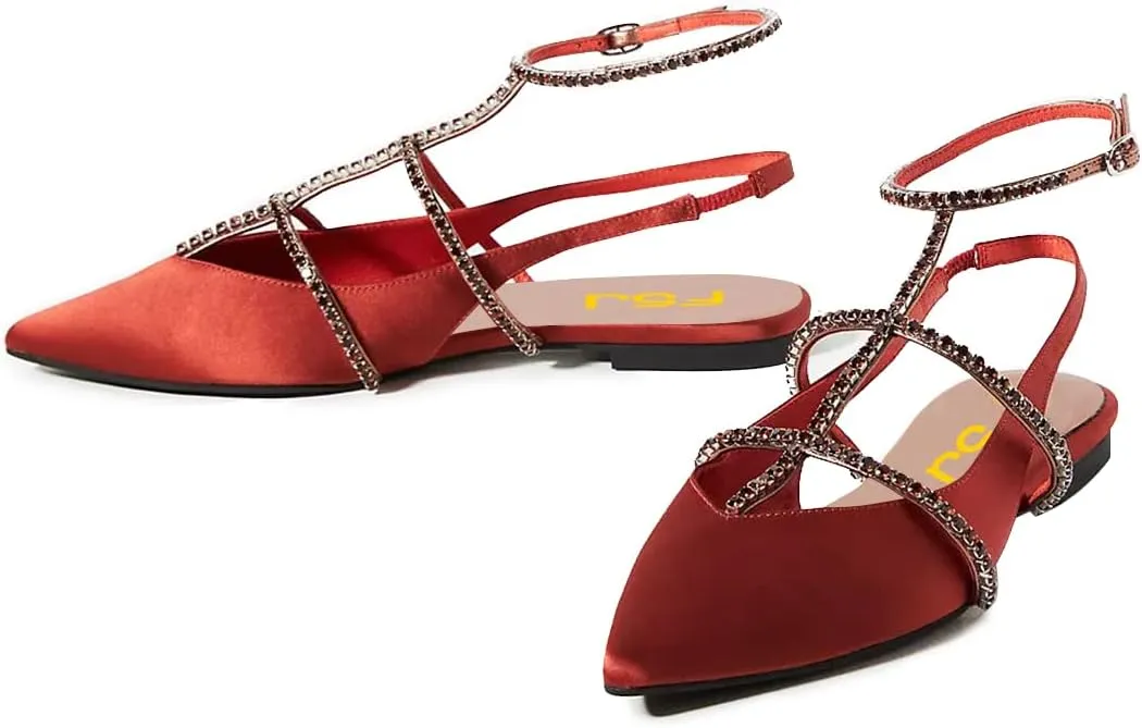 FSJ Women's Pointed Toe Slingback Flats Gladiator Crystal Strap Sandals Low Heels Dress Pump Satin Party Shoes Size 4-15 US