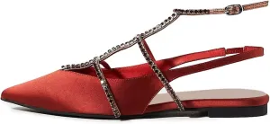 FSJ Women's Pointed Toe Slingback Flats Gladiator Crystal Strap Sandals Low Heels Dress Pump Satin Party Shoes Size 4-15 US
