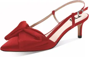 FYS Women Graceful Bow Slingback Kitten Heels Comfy Closed Pointed Toe Heeled Sandals Ankle Strap Party Dress Pump Shoes Size 4-15 US