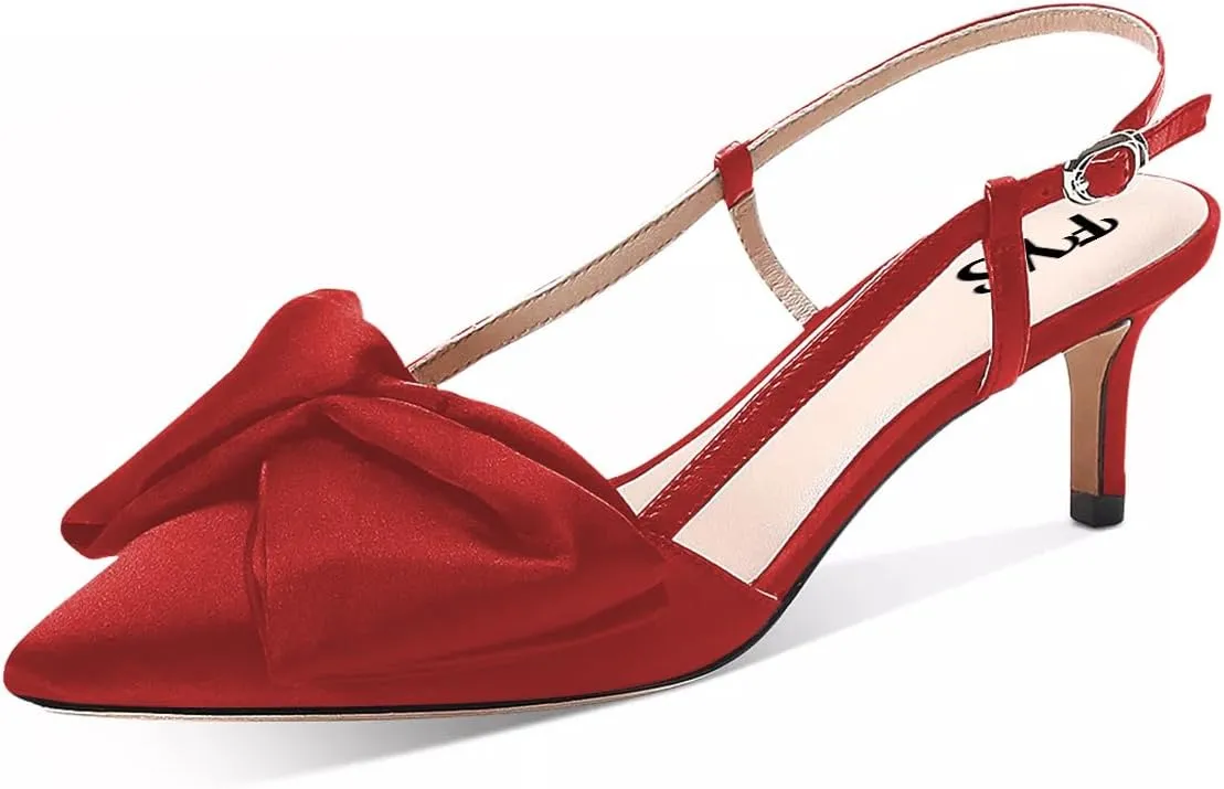 FYS Women Graceful Bow Slingback Kitten Heels Comfy Closed Pointed Toe Heeled Sandals Ankle Strap Party Dress Pump Shoes Size 4-15 US