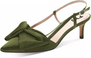 FYS Women Graceful Bow Slingback Kitten Heels Comfy Closed Pointed Toe Heeled Sandals Ankle Strap Party Dress Pump Shoes Size 4-15 US
