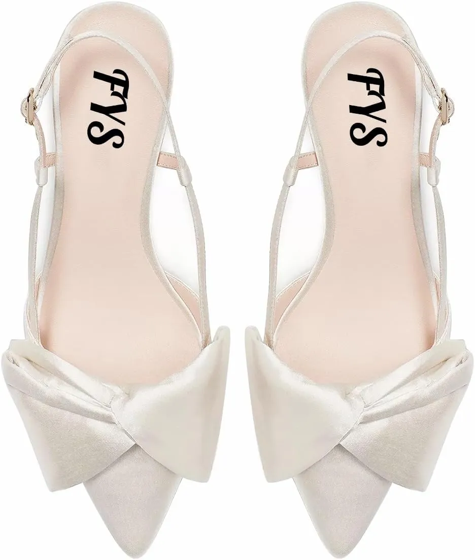 FYS Women Graceful Bow Slingback Kitten Heels Comfy Closed Pointed Toe Heeled Sandals Ankle Strap Party Dress Pump Shoes Size 4-15 US