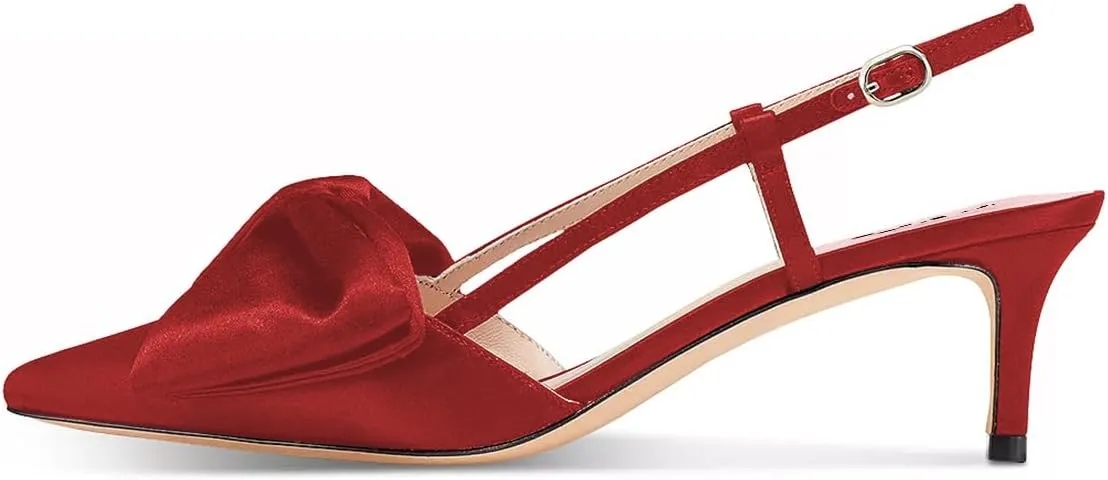 FYS Women Graceful Bow Slingback Kitten Heels Comfy Closed Pointed Toe Heeled Sandals Ankle Strap Party Dress Pump Shoes Size 4-15 US