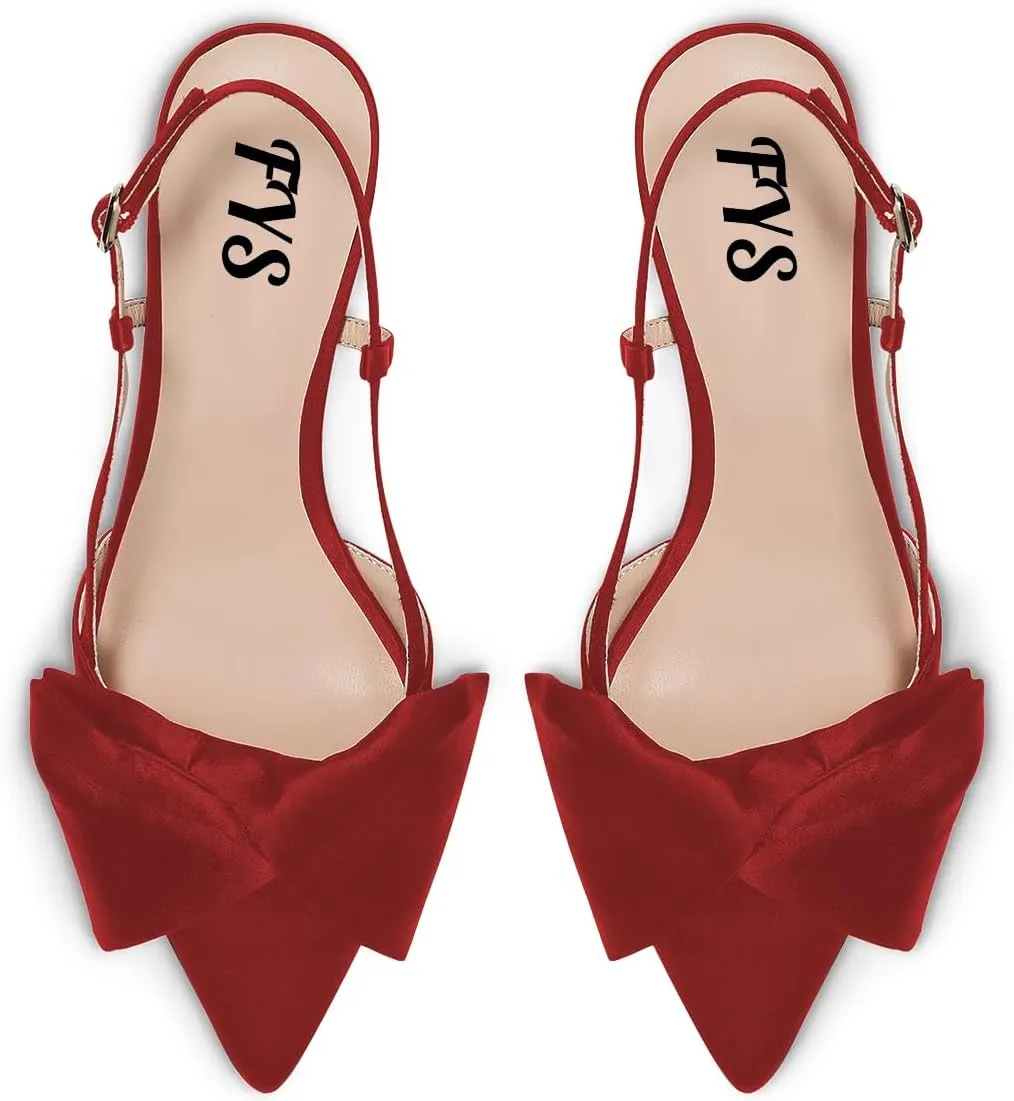FYS Women Graceful Bow Slingback Kitten Heels Comfy Closed Pointed Toe Heeled Sandals Ankle Strap Party Dress Pump Shoes Size 4-15 US