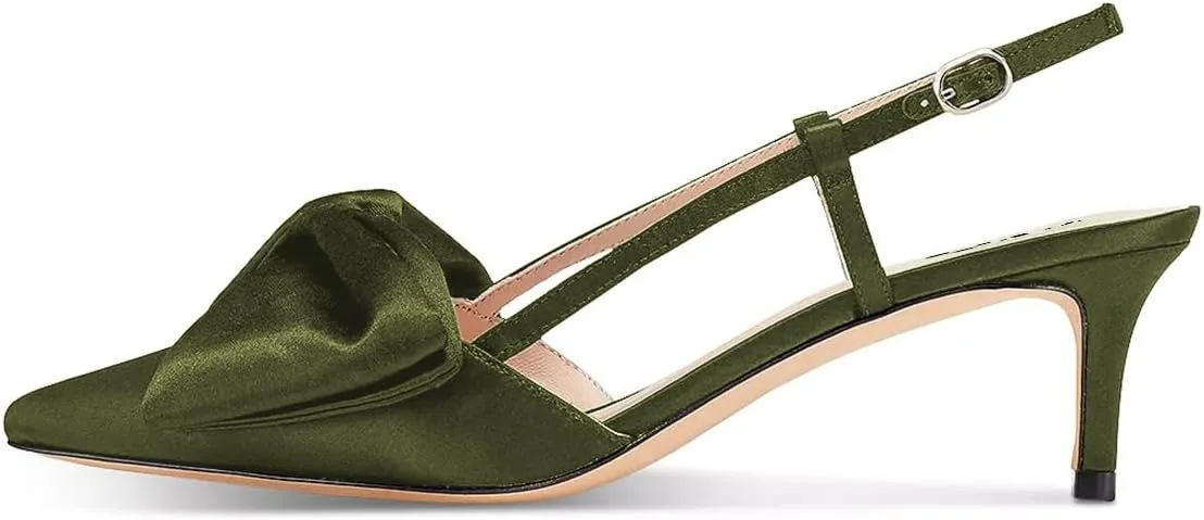 FYS Women Graceful Bow Slingback Kitten Heels Comfy Closed Pointed Toe Heeled Sandals Ankle Strap Party Dress Pump Shoes Size 4-15 US