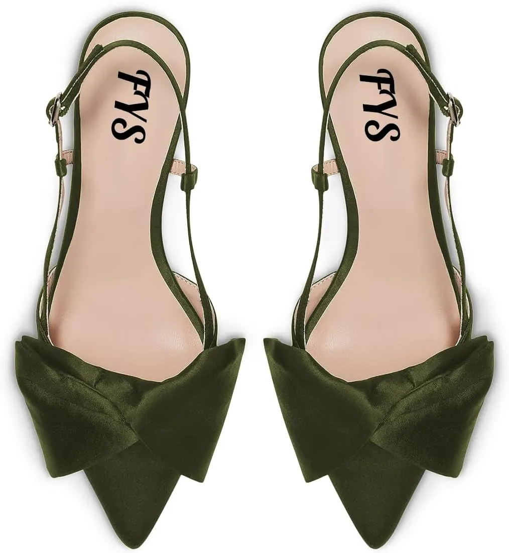 FYS Women Graceful Bow Slingback Kitten Heels Comfy Closed Pointed Toe Heeled Sandals Ankle Strap Party Dress Pump Shoes Size 4-15 US