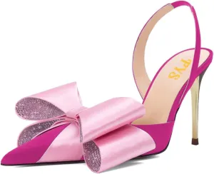 FYS Women's Elegant Closed Pointed Toe Sandal Stiletto High Heel Slingback Sparkly Rhinestone Bowknot Pump Patchwork Slip On Dress Prom Evening Shoes Size 4-16 US