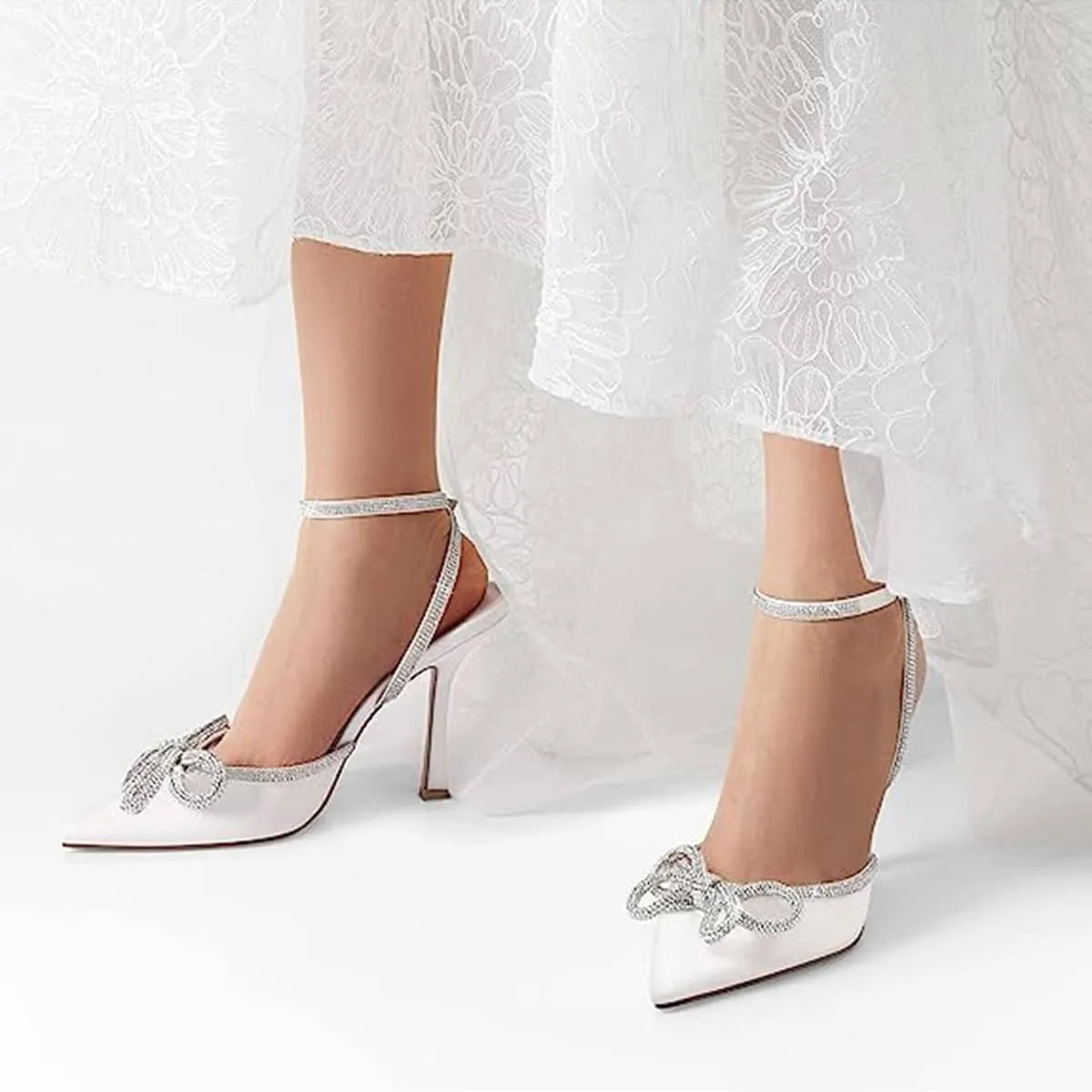 FYS Women's Sparkly Rhinestone Bowknot Slingback Closed Pointed Toe Heeled Sandal Stiletto High Heel Pump Glitter Crystal Ankle Strap Wedding Dress Prom Shoes Size 4-16 US