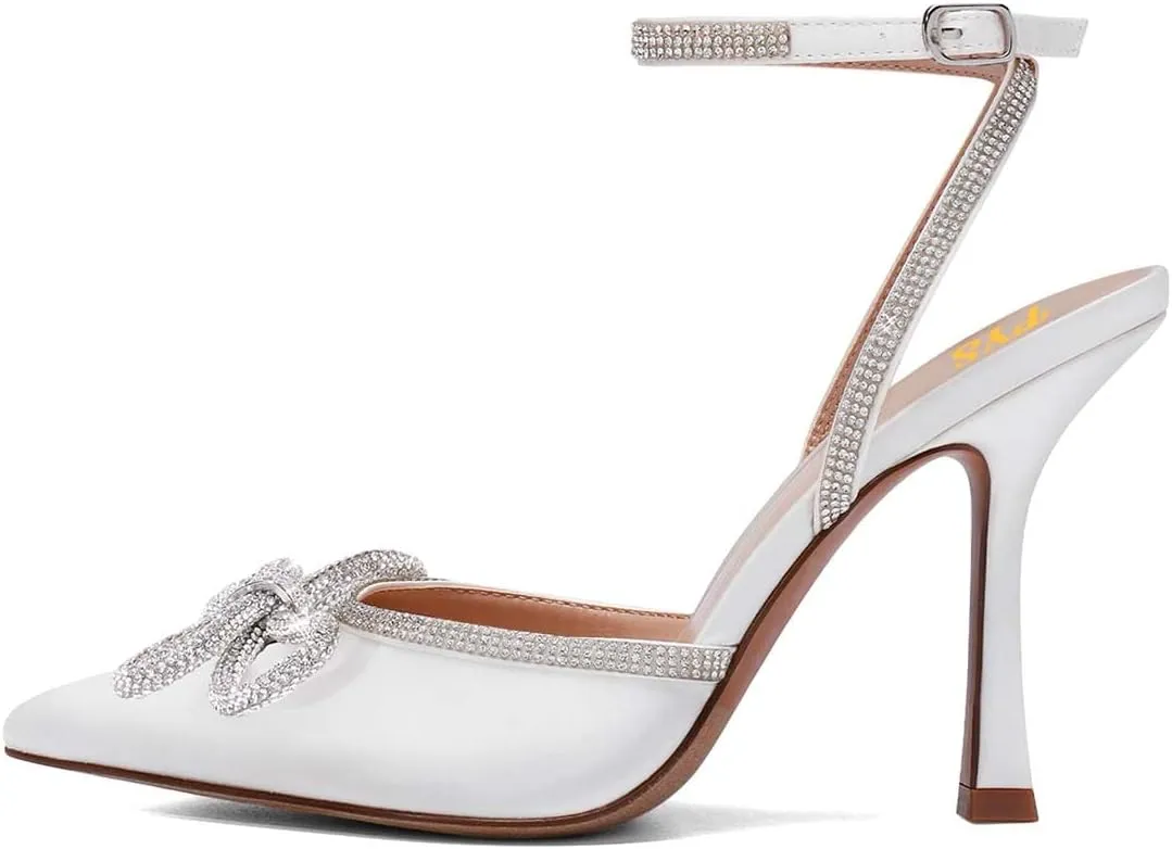 FYS Women's Sparkly Rhinestone Bowknot Slingback Closed Pointed Toe Heeled Sandal Stiletto High Heel Pump Glitter Crystal Ankle Strap Wedding Dress Prom Shoes Size 4-16 US