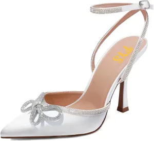 FYS Women's Sparkly Rhinestone Bowknot Slingback Closed Pointed Toe Heeled Sandal Stiletto High Heel Pump Glitter Crystal Ankle Strap Wedding Dress Prom Shoes Size 4-16 US
