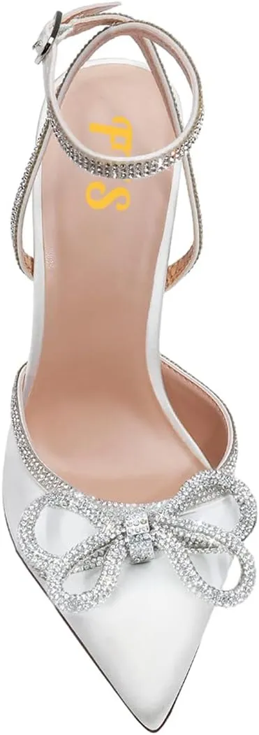 FYS Women's Sparkly Rhinestone Bowknot Slingback Closed Pointed Toe Heeled Sandal Stiletto High Heel Pump Glitter Crystal Ankle Strap Wedding Dress Prom Shoes Size 4-16 US