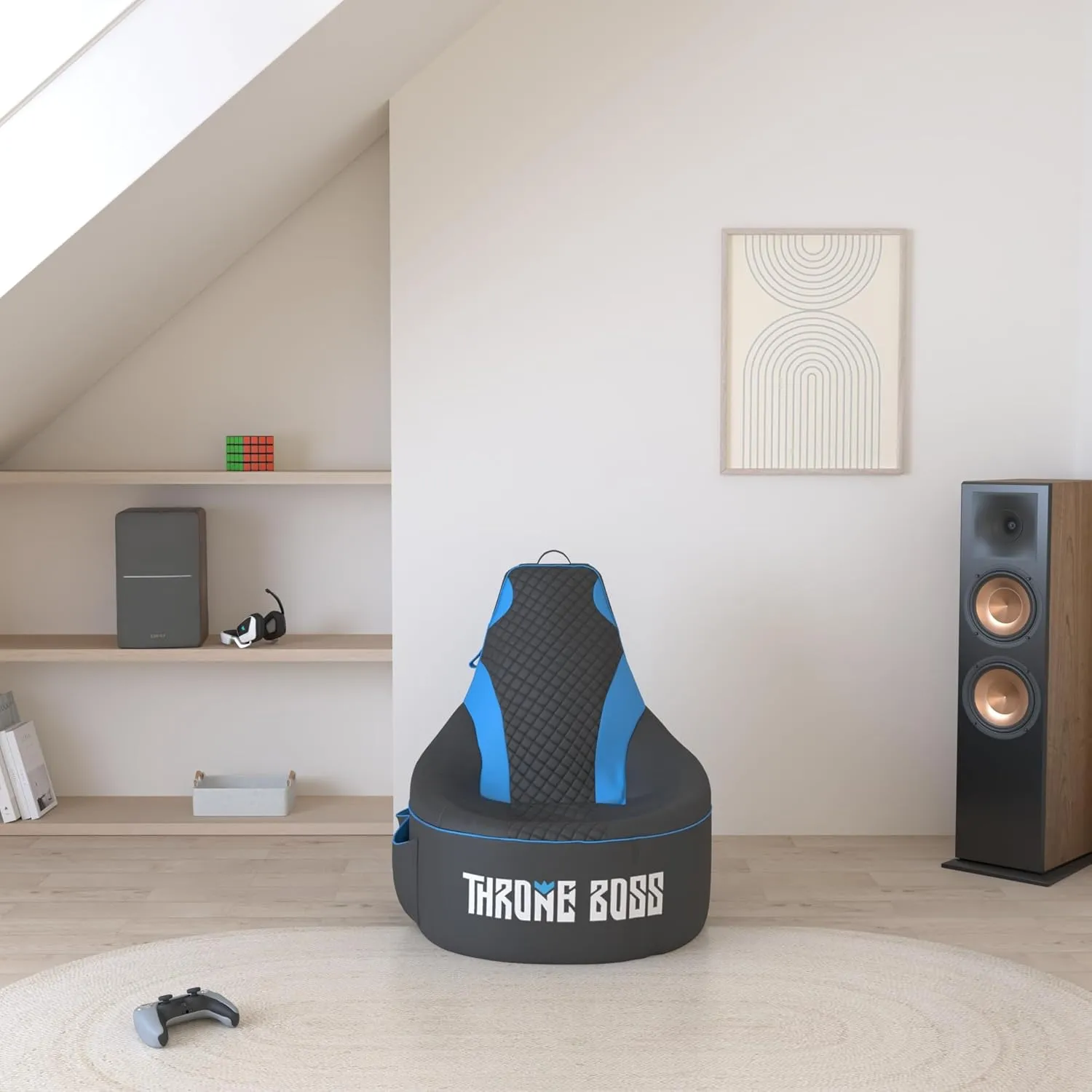 Gaming Bean Bag Chair for Adults and Teens [Cover ONLY No Filling] - High Back Beanbag or Dorm Chair with Cup Holder for Gamers (Black/Blue)