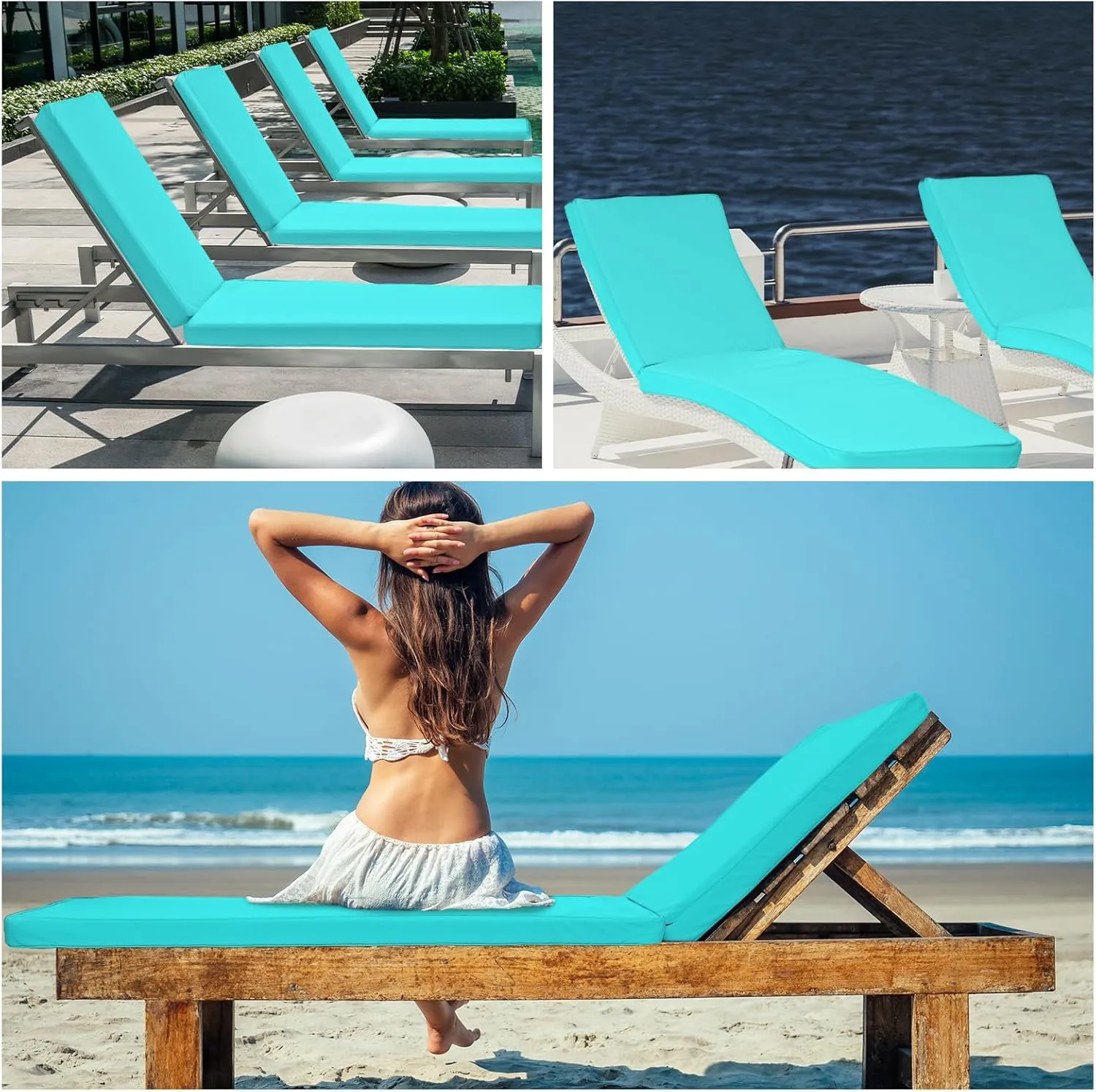 Ganeen Waterproof Chaise Lounge Cushion Chair Cover (Not Includes Cushion) Outdoor Chair Replacement Slip Covers Chaise Lounge Slipcover with Zipper Ties for Patio Pool(80 x 26 x 3 Inch,Lake Blue)