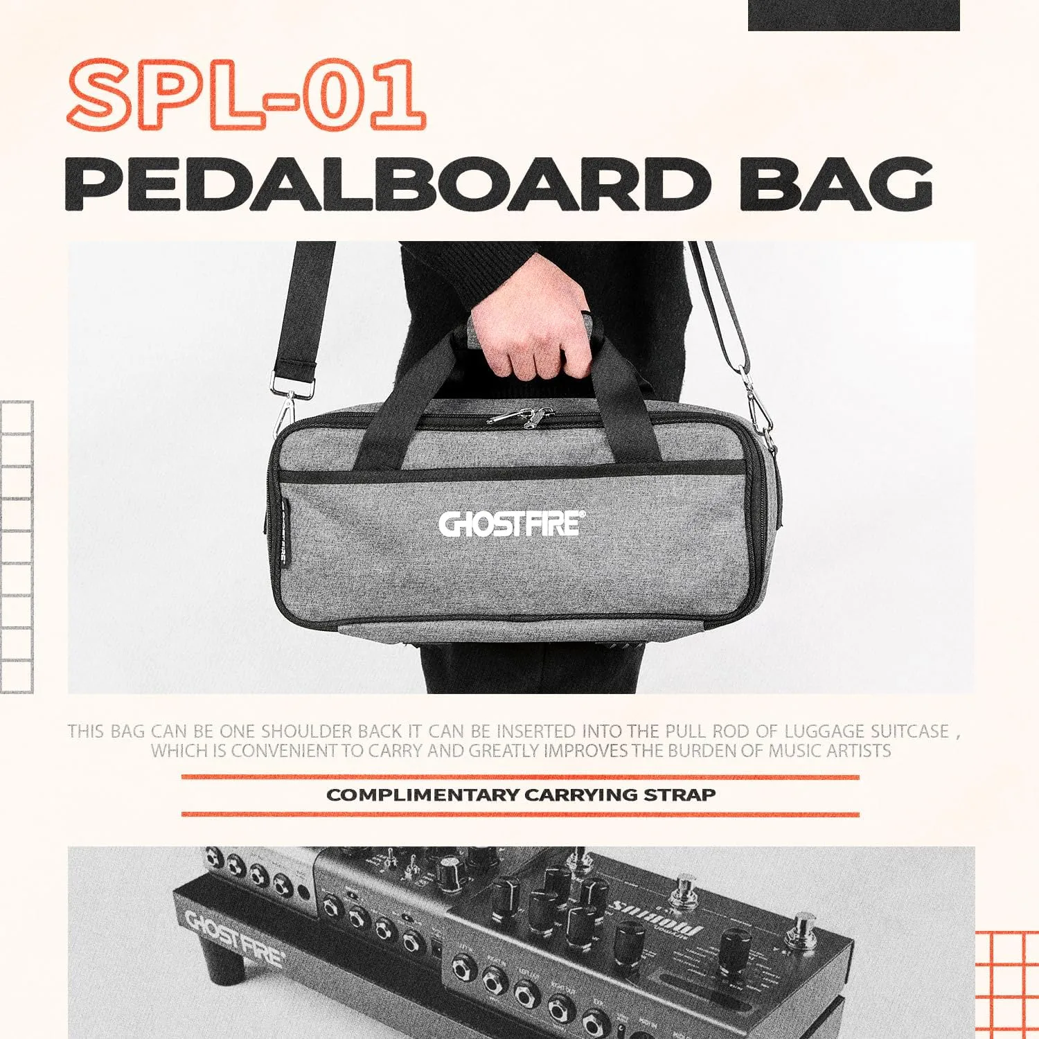 Ghost Fire Guitar Pedal Board Bag Effect Pedalboard Bag Accessory Storage Bag Carry Case 14.9x6.3x3.9in