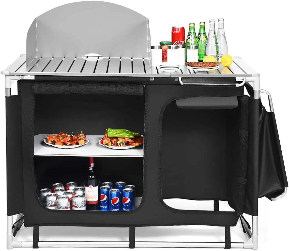 Giantex Outdoor Camping Kitchen Table, Portable Camping Grill Table with Windscreen and Remove Sink, Outdoor Camping Cook Station for BBQ Party Picnics Backyard Activities
