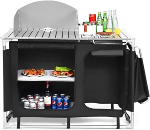 Giantex Outdoor Camping Kitchen Table, Portable Camping Grill Table with Windscreen and Remove Sink, Outdoor Camping Cook Station for BBQ Party Picnics Backyard Activities