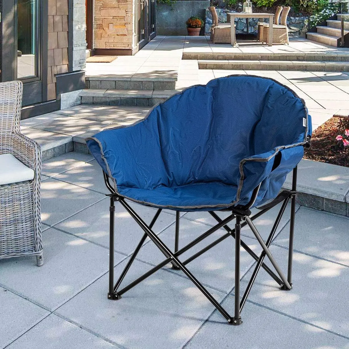 Giantex Portable Camping Chair, Outdoor Folding Moon Saucer Chair for Lawn with Soft Padded Seat, Cup Holder and Carry Bag