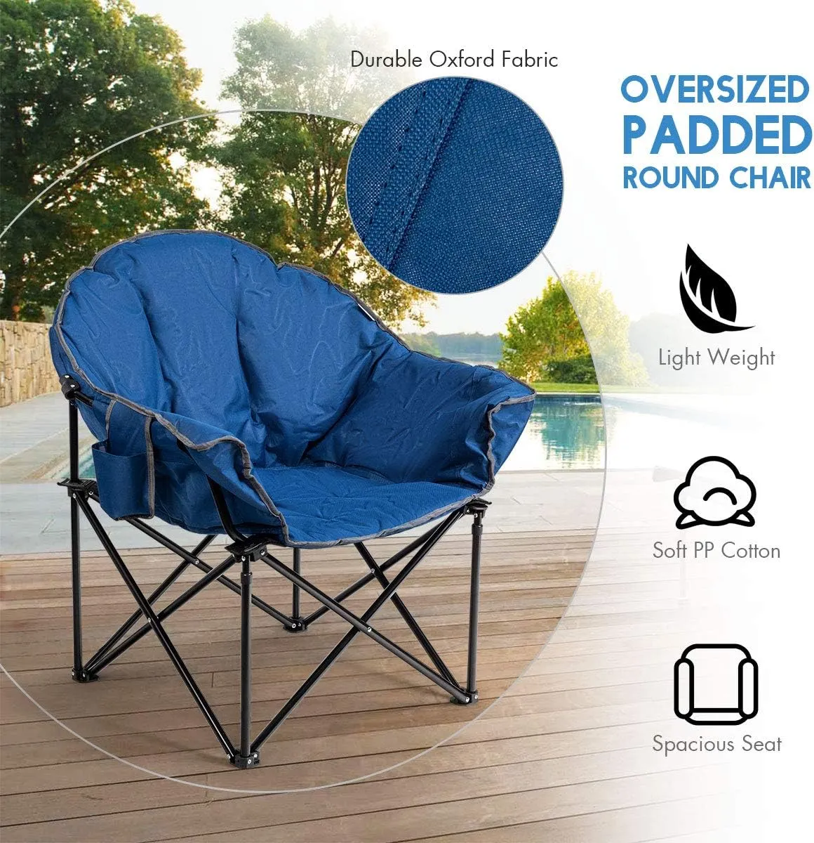 Giantex Portable Camping Chair, Outdoor Folding Moon Saucer Chair for Lawn with Soft Padded Seat, Cup Holder and Carry Bag