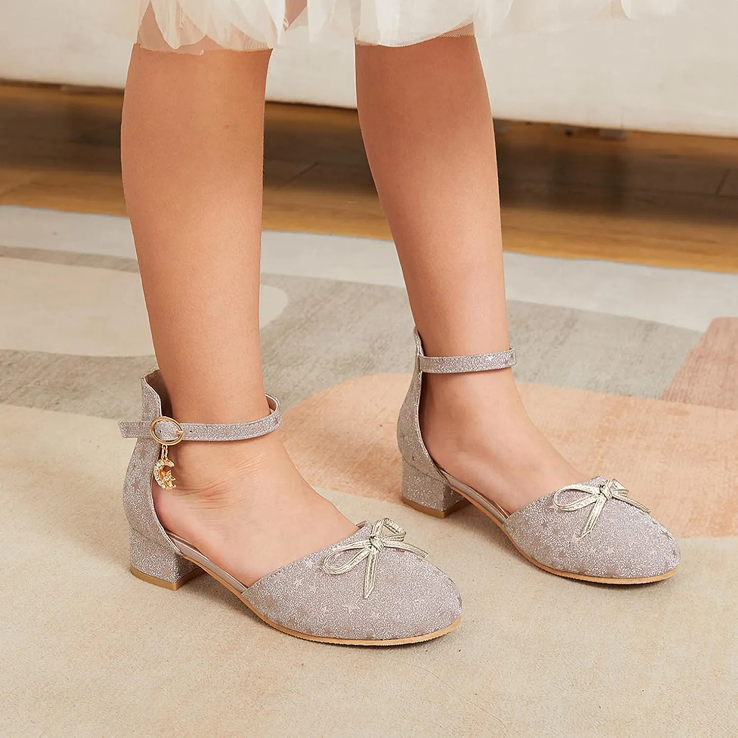 Girls Dress Shoes Closed Toe Heels Bowknot Ankle Strap Flower Pump Shoes Party Wedding School Sandals for Toddler Little Big Kid