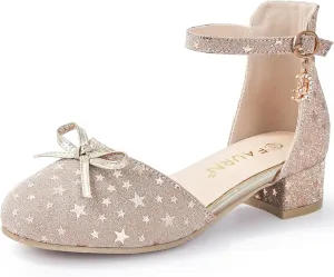 Girls Dress Shoes Closed Toe Heels Bowknot Ankle Strap Flower Pump Shoes Party Wedding School Sandals for Toddler Little Big Kid