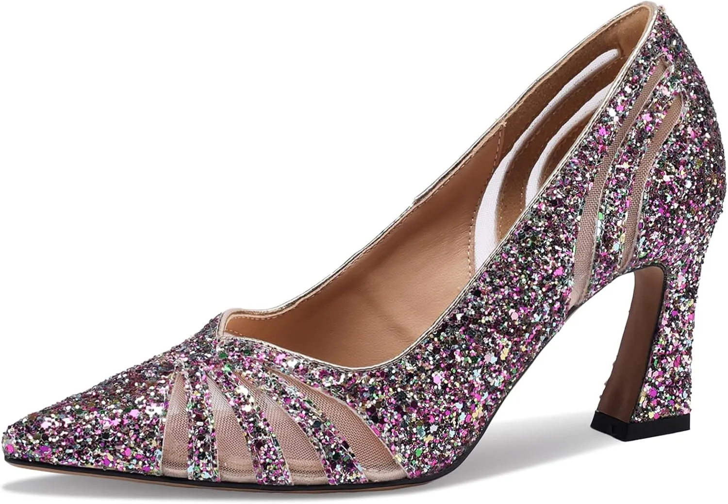 Glitter High Heels for Women Pointed Toe Pumps Chunky Rhinestone Crystal Closed Toe Dressy Comfortable Sexy Elegantes Wedding Slip On Formal Prom Sparkly 3 Inch Shoes