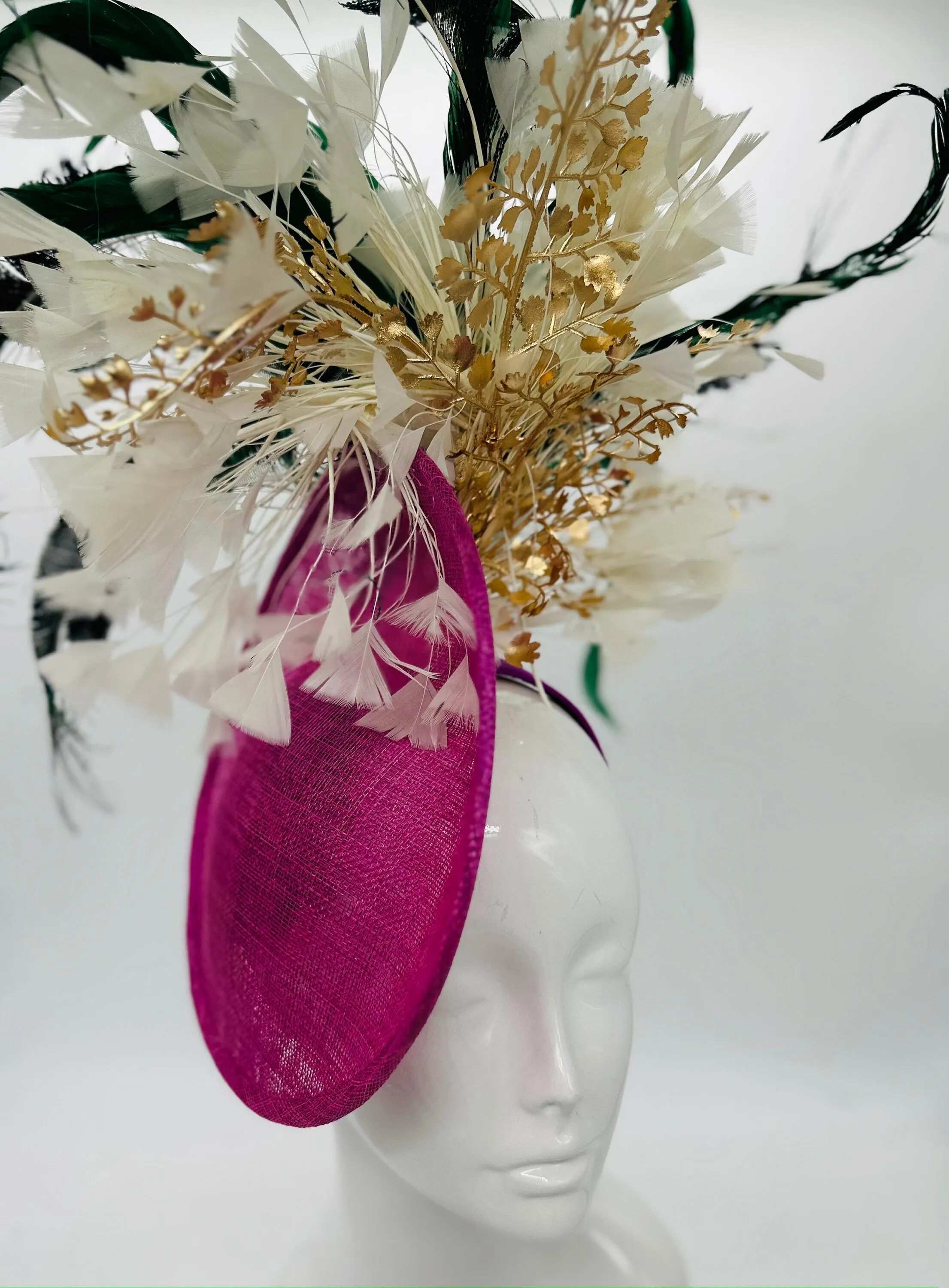 Gold, green, fuchsia, white colored Kentucky Derby Fascinator (GOLD LINE)